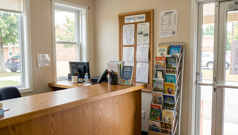 A community health center reception corner with a wooden counter, a pamphlet rack and a notice board, daylight through the door.