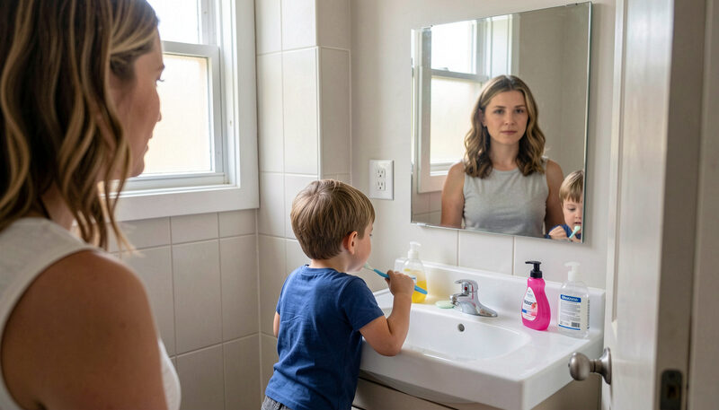 A child brushing teeth at a bathroom sink while a parent watches from the doorway, mirror reflection, soft daylight.