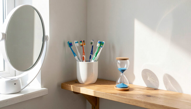 A bright dental care corner with a round mirror, toothbrushes in a cup and a small hourglass timer on a wooden shelf, morning light.