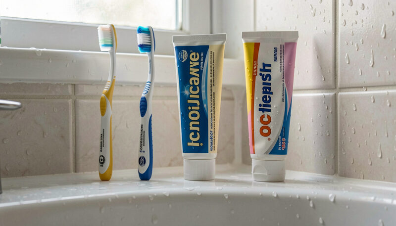 Three toothbrushes with paste tubes of different sizes lined along a bathroom shelf, water droplets on the ceramic, close view.