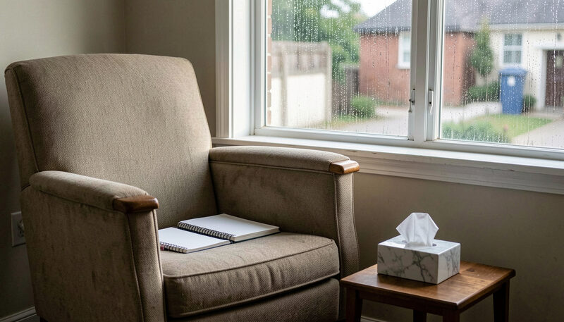An empty armchair with a notebook and a tissue box beside a rain streaked window, quiet afternoon light.