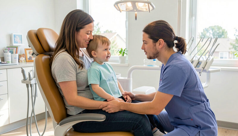 A toddler sitting on a parent's lap in a dental chair while a dentist kneels at eye level, bright friendly room, daylight.
