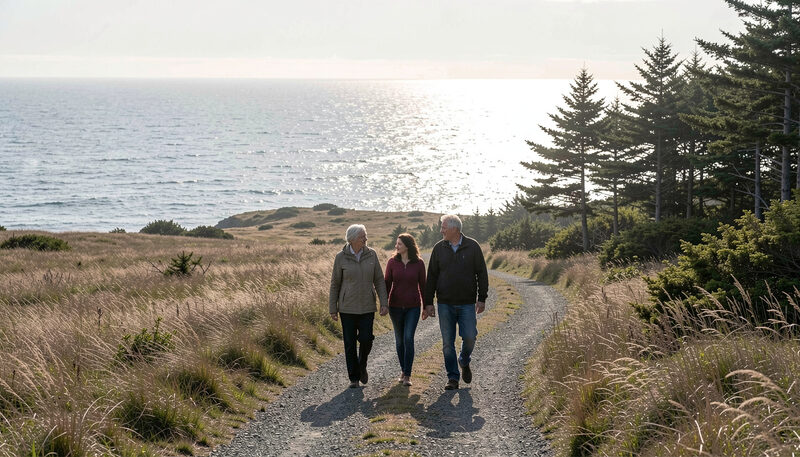 A family of three generations walking a gravel path through coastal grassland in soft morning light, ocean in the distance