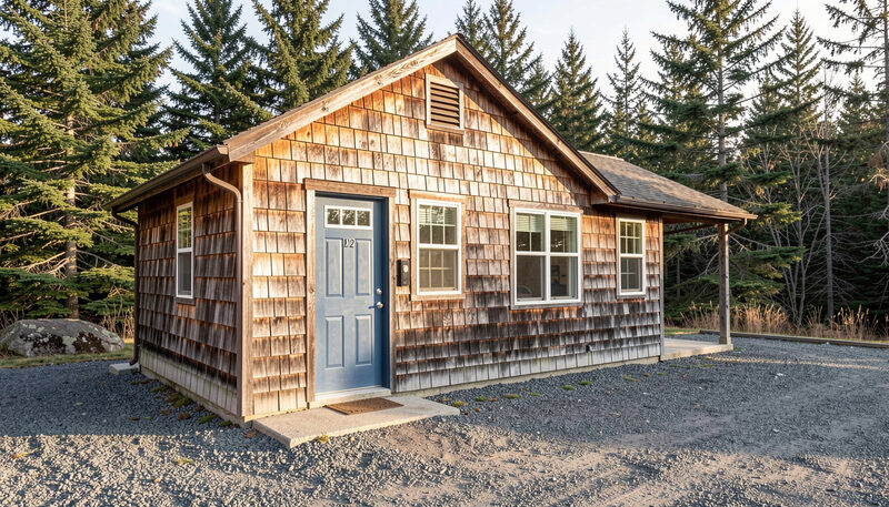 A small rural clinic building with cedar shingle walls and a slate blue door, gravel parking area, morning light, spruce trees behind.