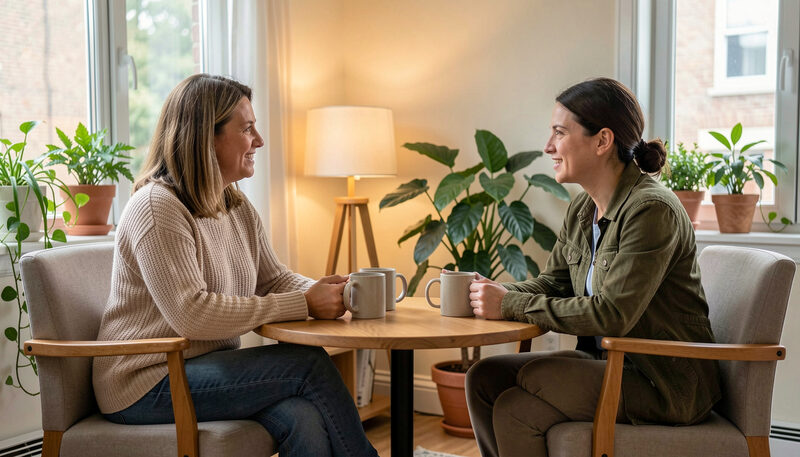 Two people talking across a small table with mugs in a warm counseling room, soft lamplight, plants by the window.