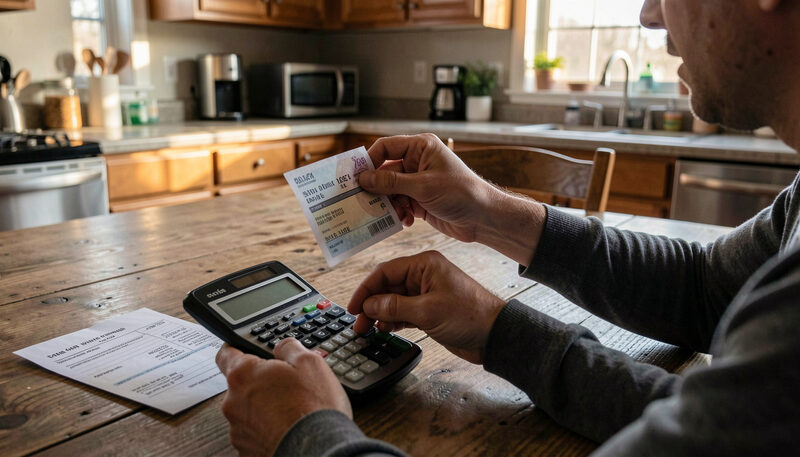 A person reviewing a paper bill with a calculator at a kitchen table, a wage slip beside it, evening light.