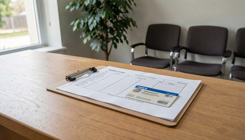 A clipboard with intake forms and an insurance card resting on a wooden counter, soft window light, a plant and waiting chairs behind.